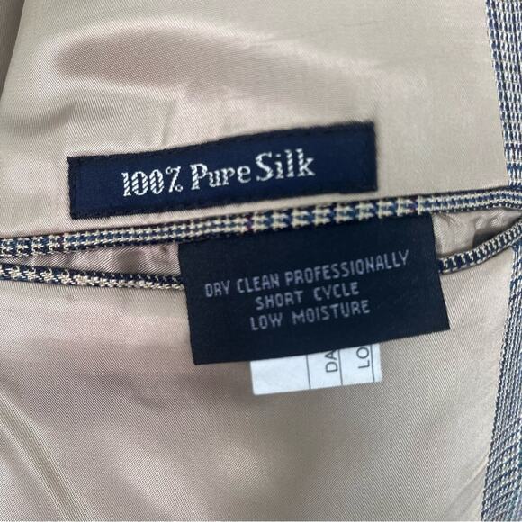 Vintage Burberry Silk Blazer Sport Coat Mens 44 Houndstooth Windowpane Tan - Picture 8 of 13